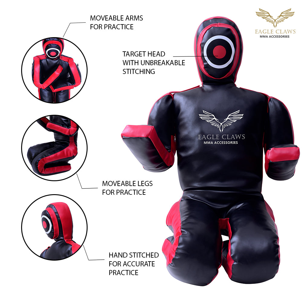 Elite Grappling Dummy – Premium Black & Red Leather Power Partner with Strike Target